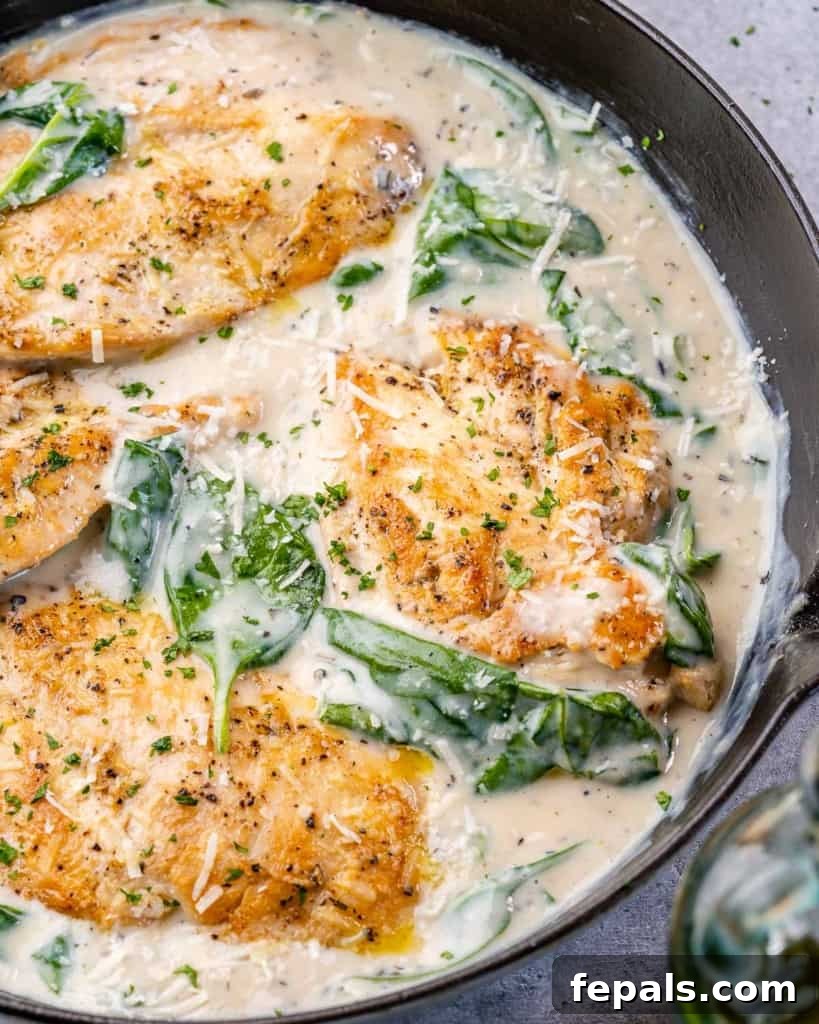 Gourmet Chicken Florentine Made Easy 5 creamy chicken in black skillet with spinach