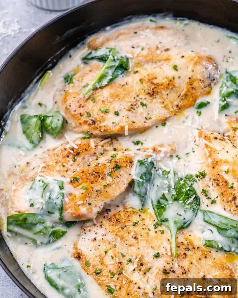 Gourmet Chicken Florentine Made Easy 6 top view of chicken in skillet with creamy sauce
