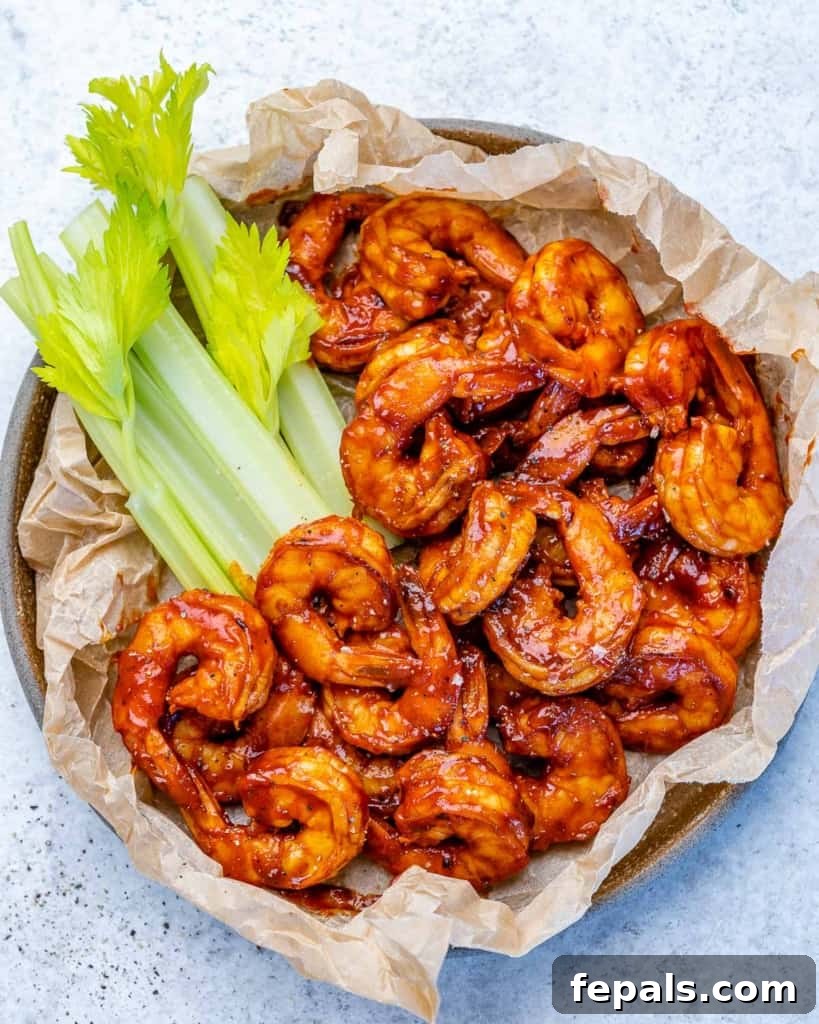 Smoky BBQ Shrimp 2 top view bbq shrimp with a side of celery