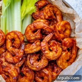 Smoky BBQ Shrimp 13 top view bbq shrimp with celery sticks on the side
