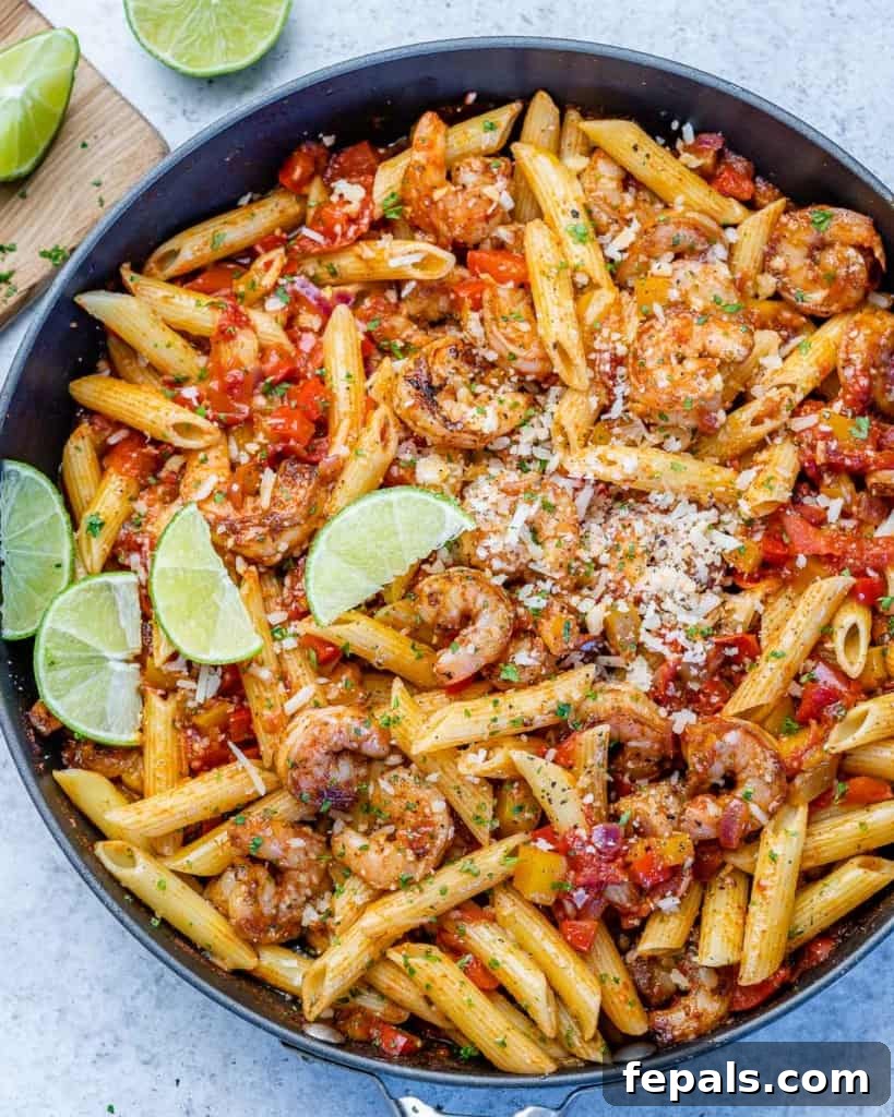 top view tomato based shrimp pasta