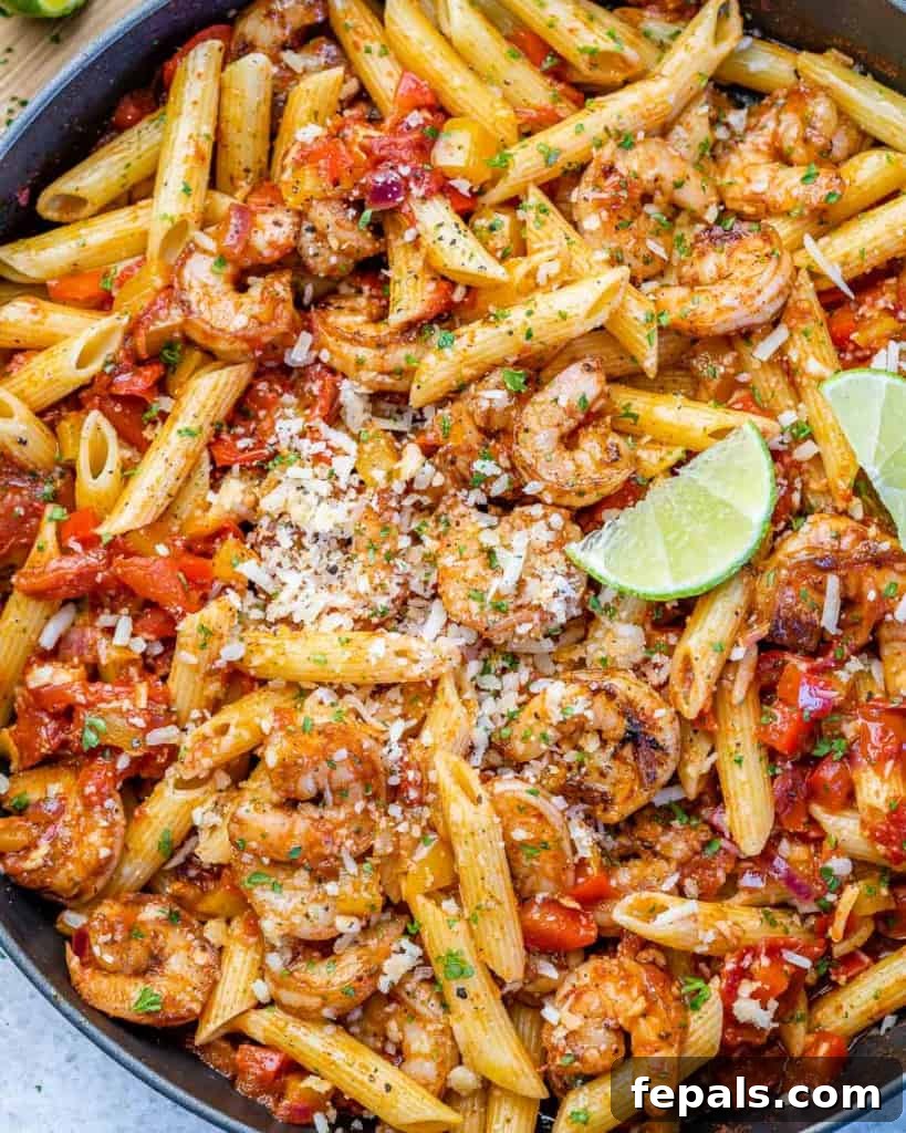 top view close up shrimp pasta in a black skillet