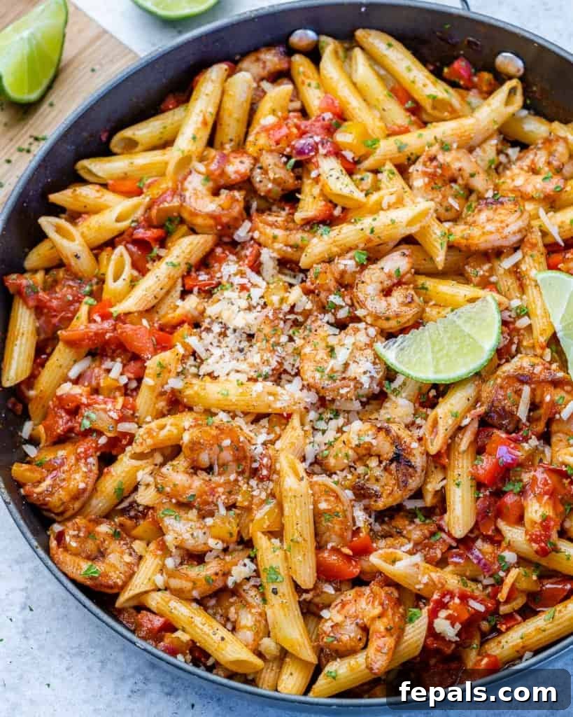 shrimp and pasta in a skillet