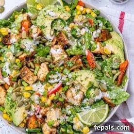 Top view of the assembled chopped grilled chicken salad