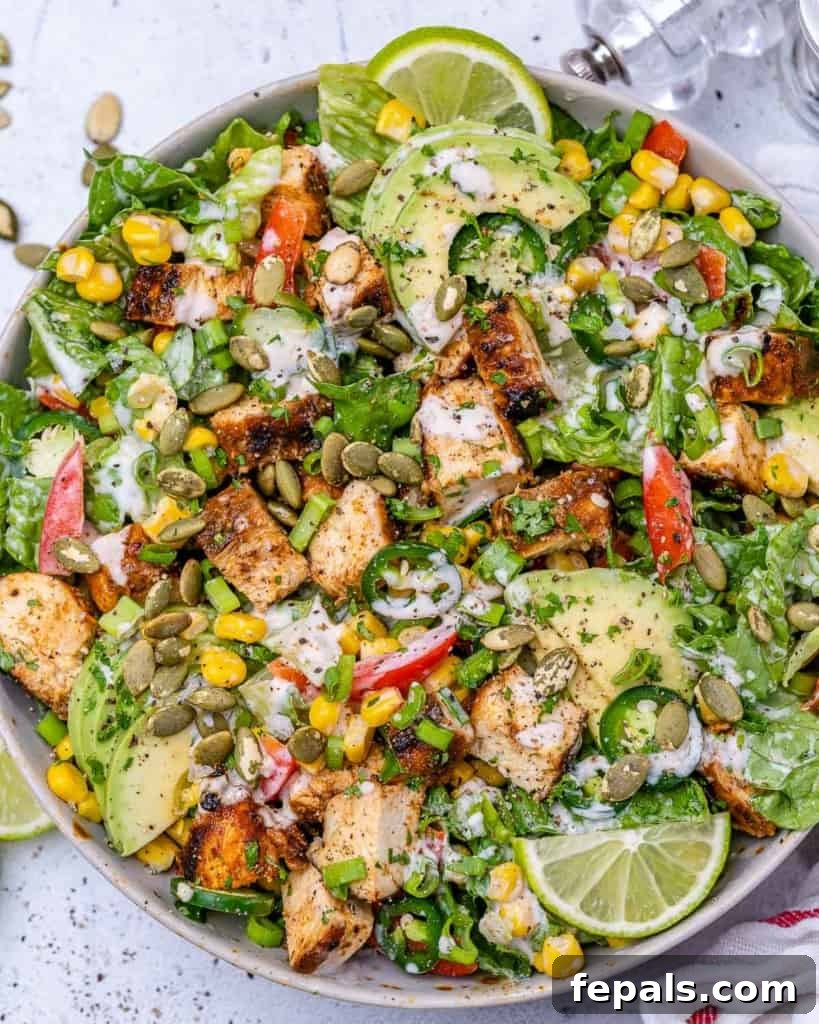 Ultimate Chopped Chicken Salad 3 Close-up top view of a colorful chopped chicken salad in a serving bowl