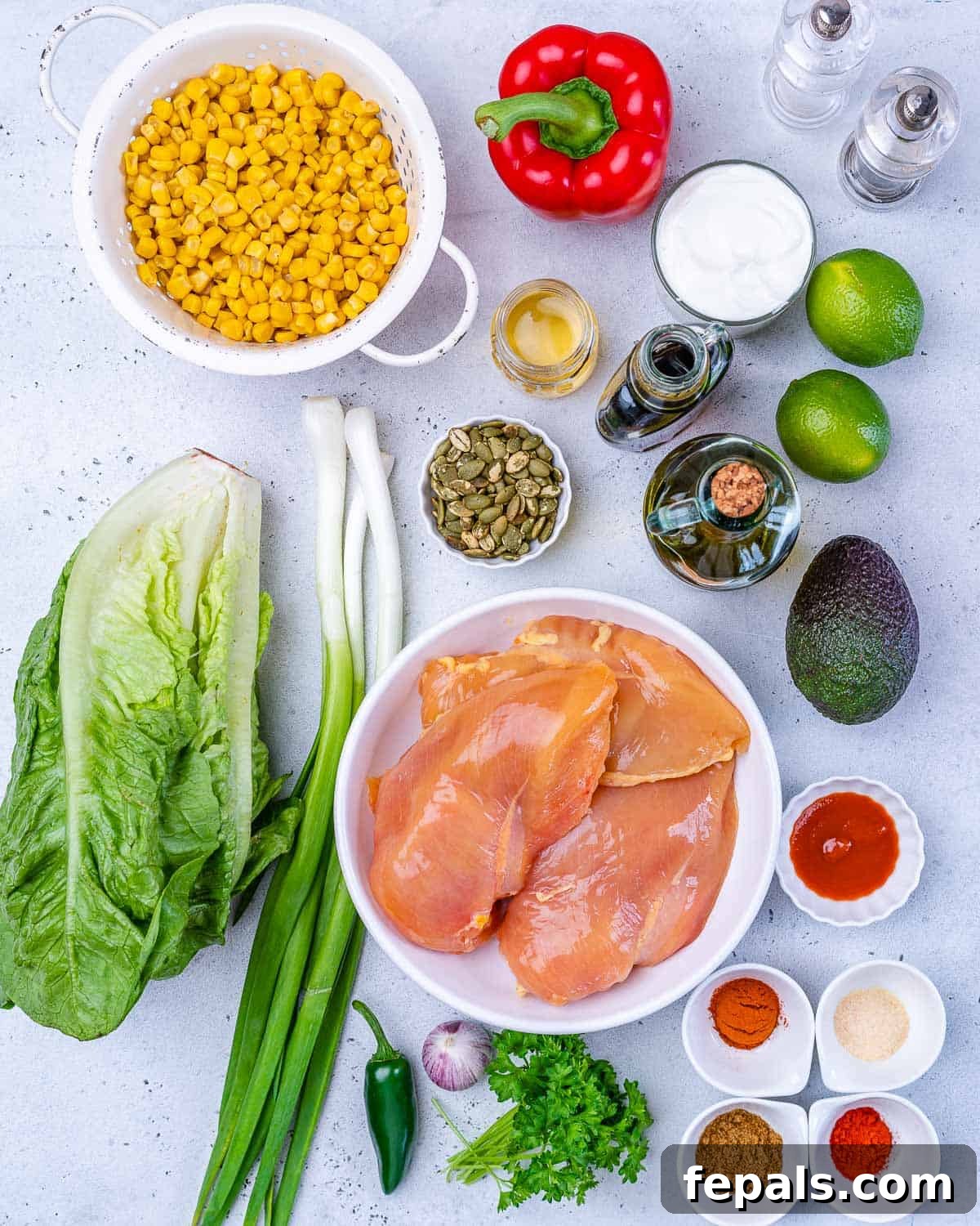 Ultimate Chopped Chicken Salad 4 A flat lay image displaying all the fresh ingredients needed for the chicken chopped salad recipe