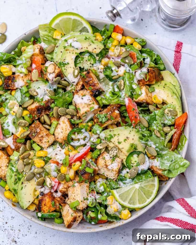 Ultimate Chopped Chicken Salad 7 Top view of the assembled chopped grilled chicken salad in a large bowl, ready to be served