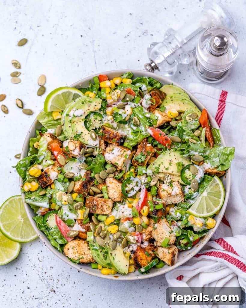Ultimate Chopped Chicken Salad 8 Top view of a beautifully presented chicken chopped salad in a clean white bowl