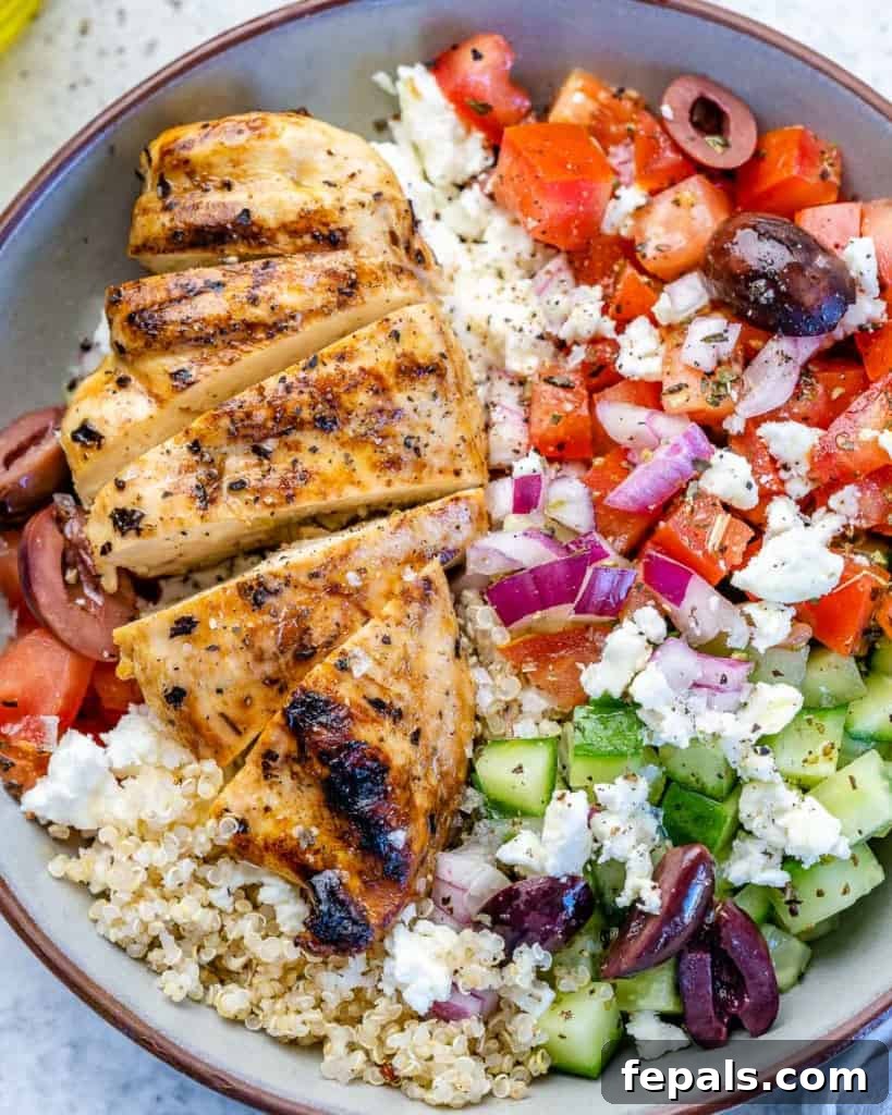 Mediterranean Grilled Chicken Power Bowl 3 Close image of Greek chicken bowl with veggies