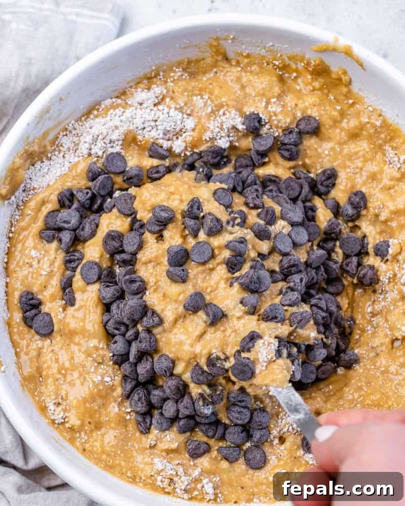 mixing chocolate chips into the muffin batter 