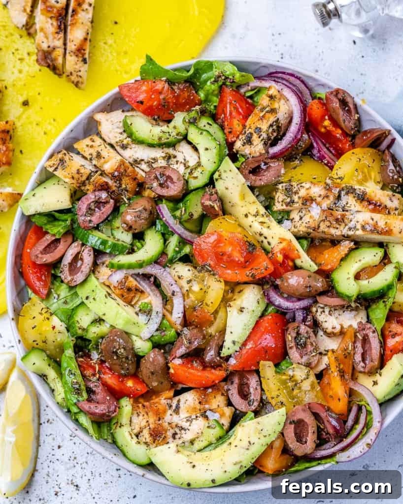 Vibrant Mediterranean Chicken Salad 9 top view of salad with chicken breast slices in white bowl