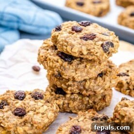 Chewy Raisin Oat Delights 12 4 oatmeal raisin cookies stacked on each other, showcasing their perfect bake and chewy texture.