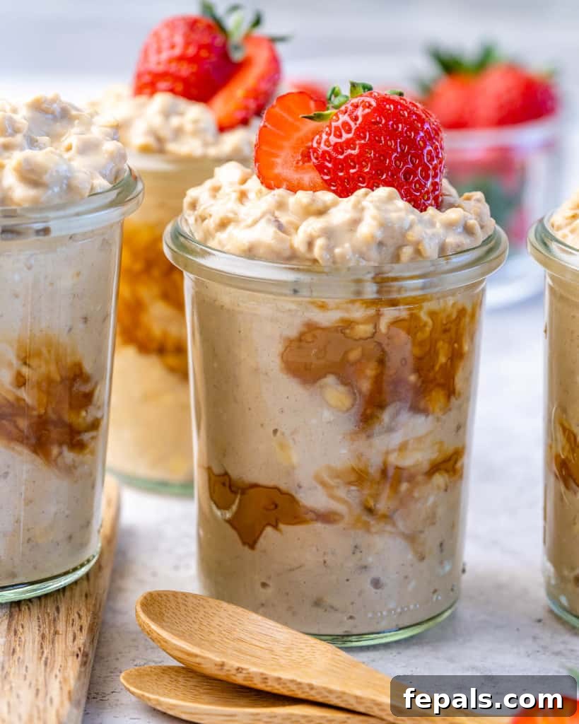 Creamy Peanut Butter Protein Overnight Oats 2 side shot of peanut butter overnight oats