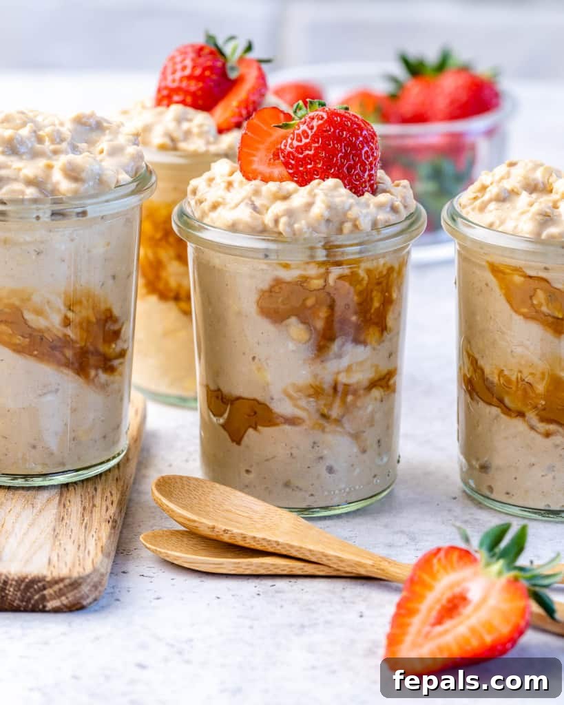 Creamy Peanut Butter Protein Overnight Oats 11 side shot of overnight oats in jars