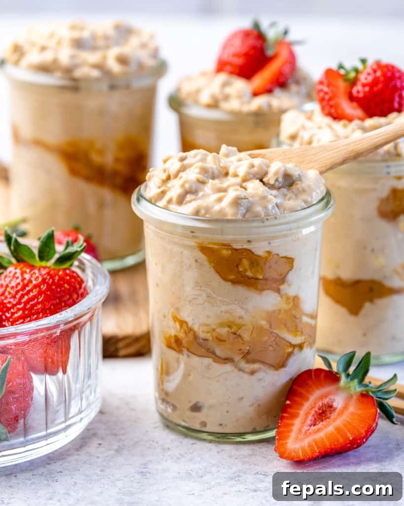 Creamy Peanut Butter Protein Overnight Oats 9 side shot of peanut butter overnight oats in a mason jar