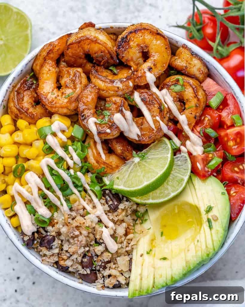 top view burrito bowl with shrimp