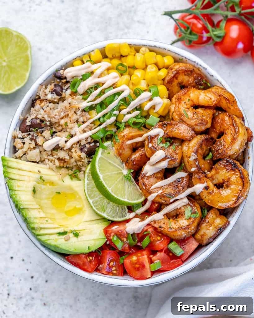 top view burrito with shrimp in a white bowl