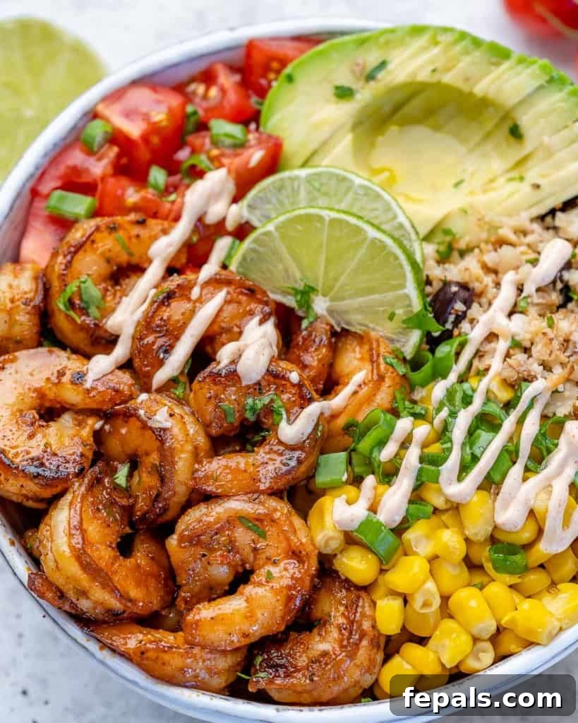 close up burrito bowl with shrimp