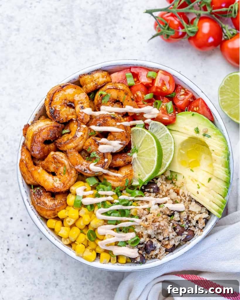top view shrimp burrito with cauliflower rice