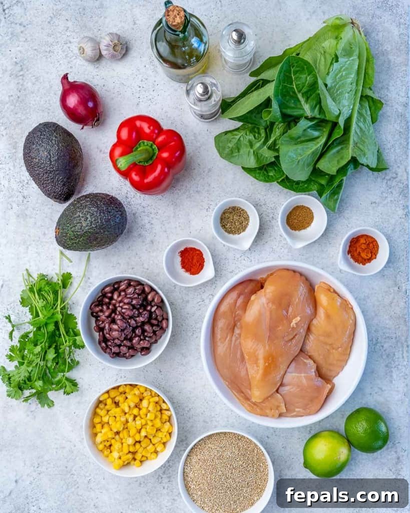 ingredients lined up to make the chicken taco bowl