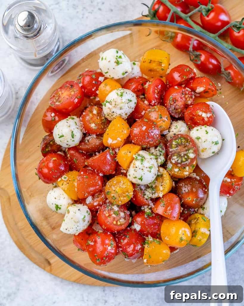 top view tomato salad bowl with mozzarella cheese balls