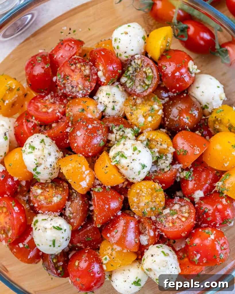 close up tomato salad with cheese balls 