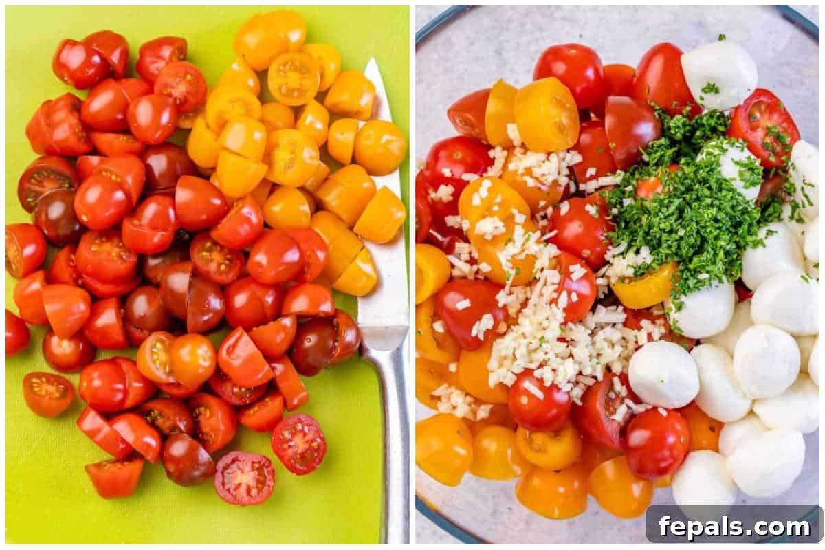 process shot for tomato and mozzarella salad.