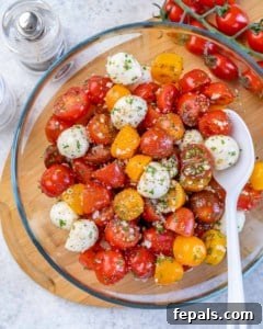 top view tomato salad bowl with mozzarella cheese balls