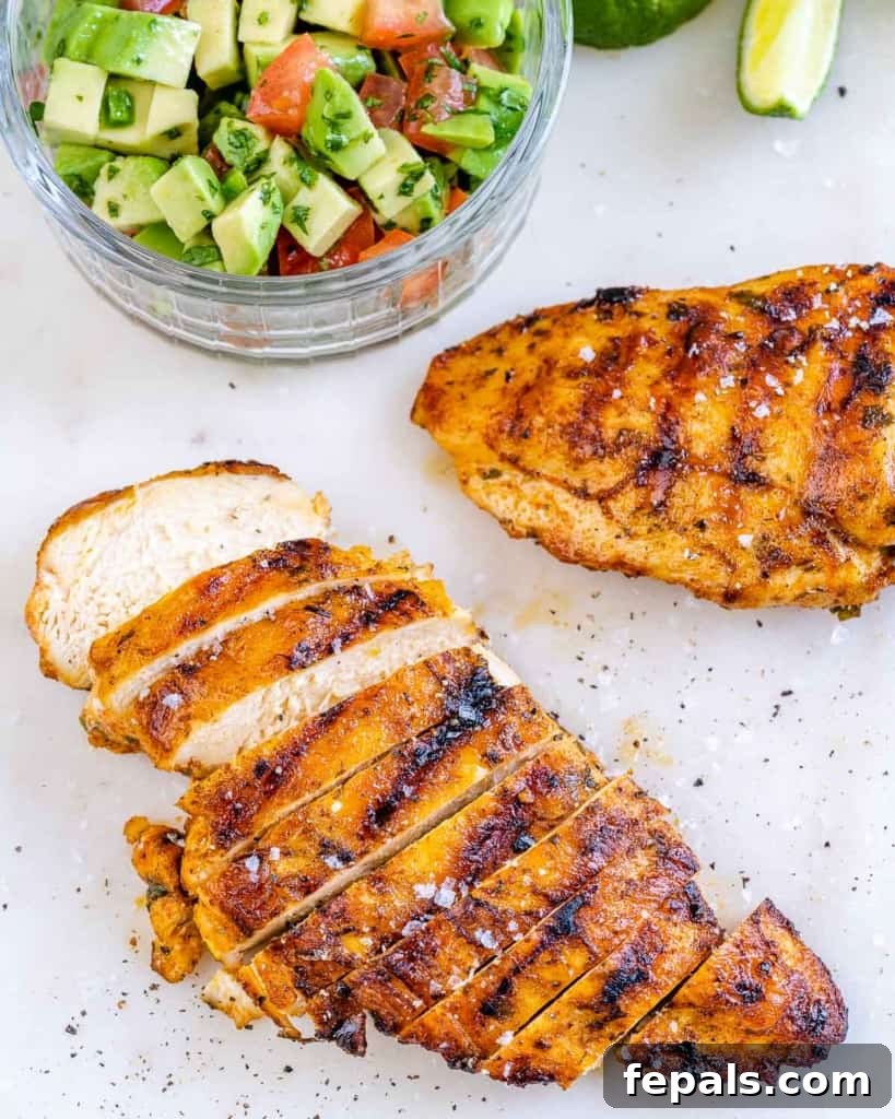 Smoky Grilled Chicken with Zesty Avocado Salsa 7 Close-up of a perfectly cooked and sliced grilled chicken breast, ready to be served and enjoyed.