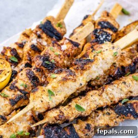 top view of grilled lemon chicken kabobs