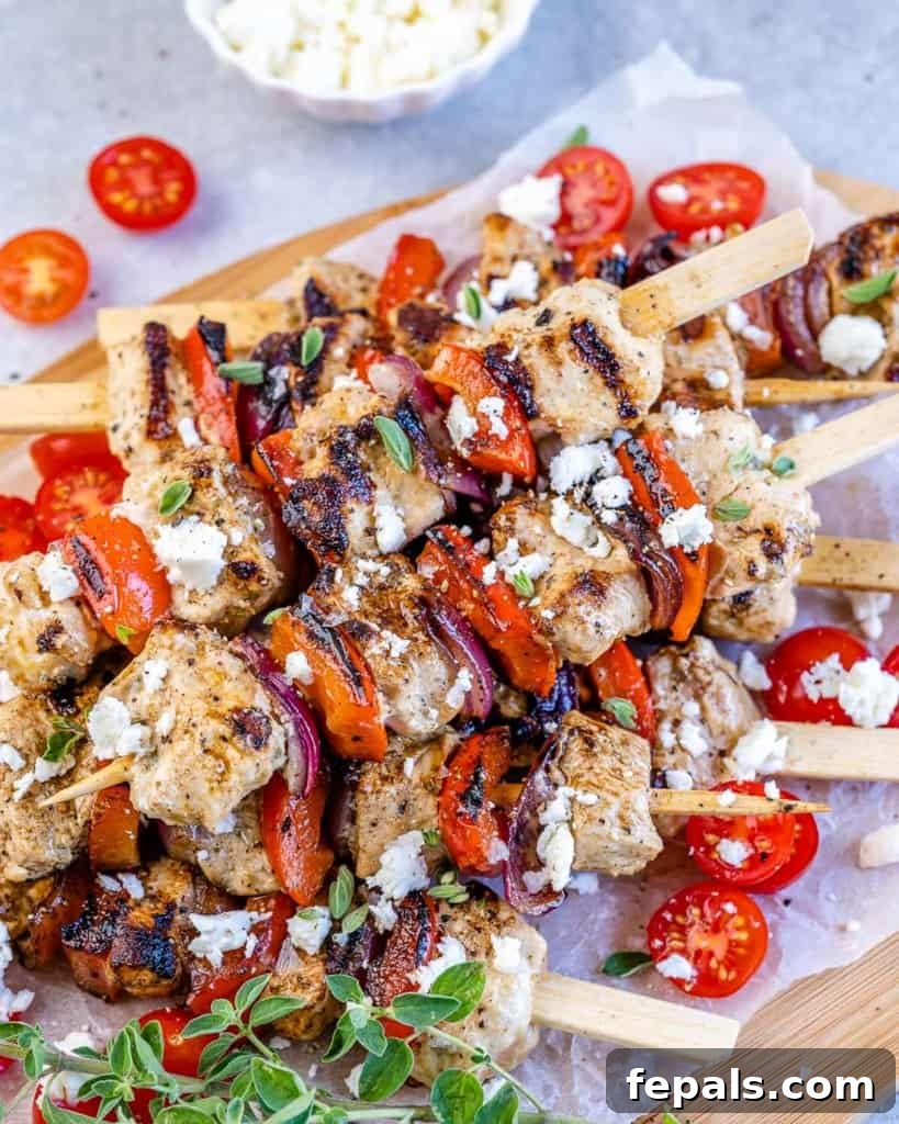 side shot of chicken skewers