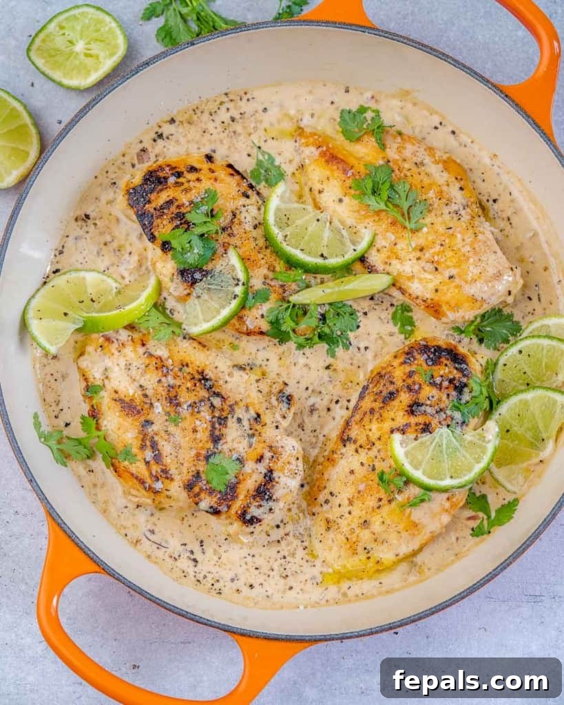 Smoky Chipotle Chicken Skillet 2 One pan of creamy chipotle chicken with fresh limes and cilantro garnish, ready to serve.