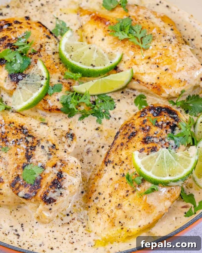 Smoky Chipotle Chicken Skillet 3 A close-up of a pan of creamy chipotle chicken, garnished with fresh cilantro and lime wedges.