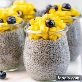 Creamy Chia Pudding Perfection 10 Chia pudding in a jar, topped with chopped mango and blueberry.