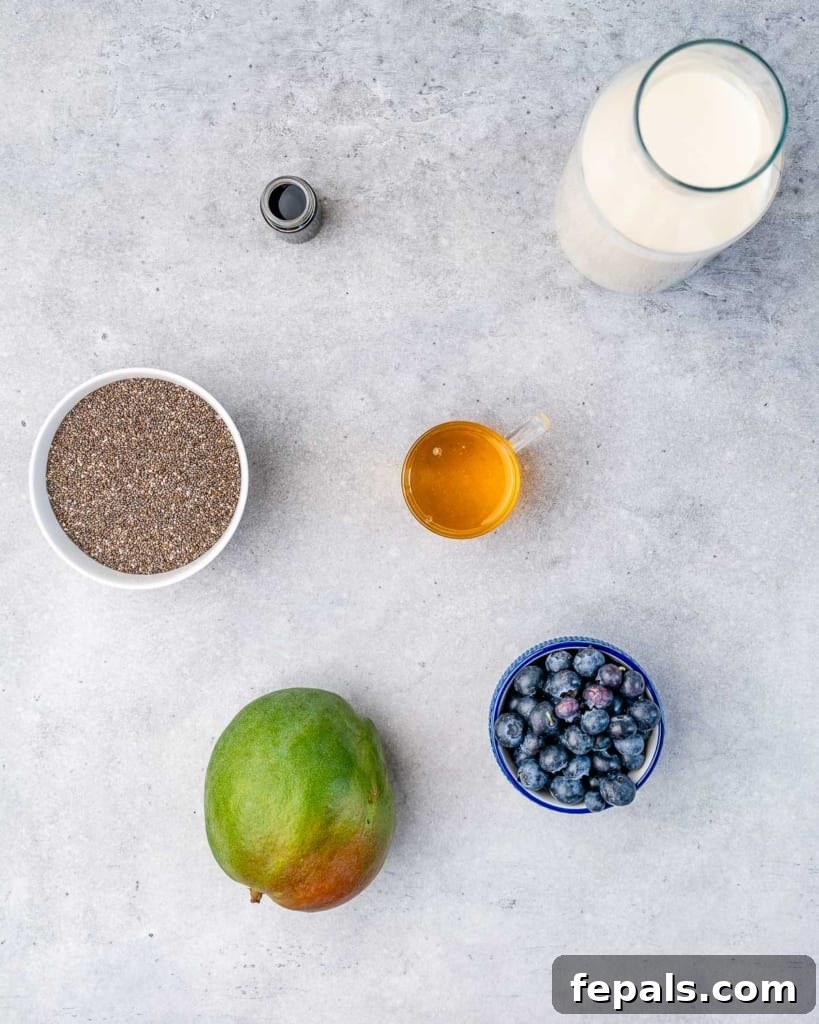 Creamy Chia Pudding Perfection 4 top view of ingredients to make chia pudding. Almond milk, maple syrup, vanilla, chia seeds, mango, and blueberries