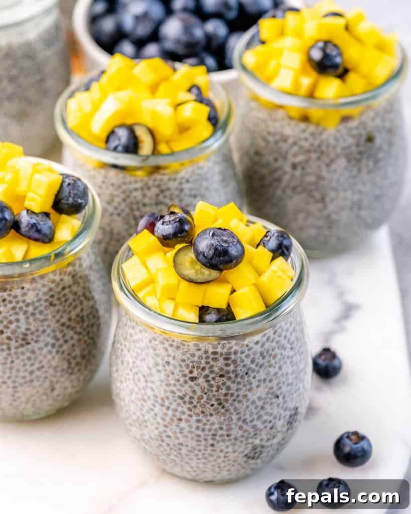Creamy Chia Pudding Perfection 8 top view of jars with chia pudding topped with fruits