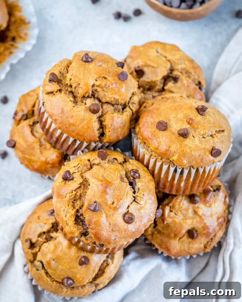 Wholesome Flourless Peanut Butter Banana Muffins 2 Top-down view of stacks of golden-brown flourless peanut butter banana muffins, generously studded with chocolate chips, on a rustic surface.