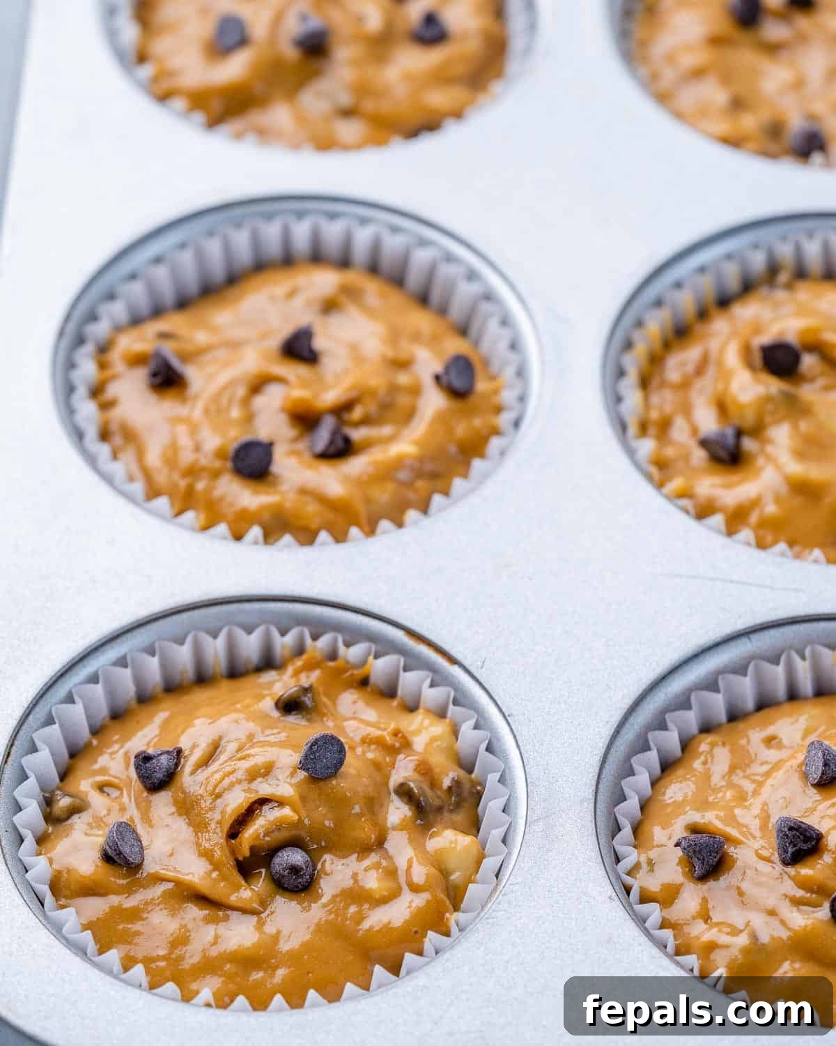 Wholesome Flourless Peanut Butter Banana Muffins 6 Close-up of golden-brown banana muffin batter generously filled with chocolate chips, neatly scooped into paper-lined muffin cups in a baking pan, ready for the oven.
