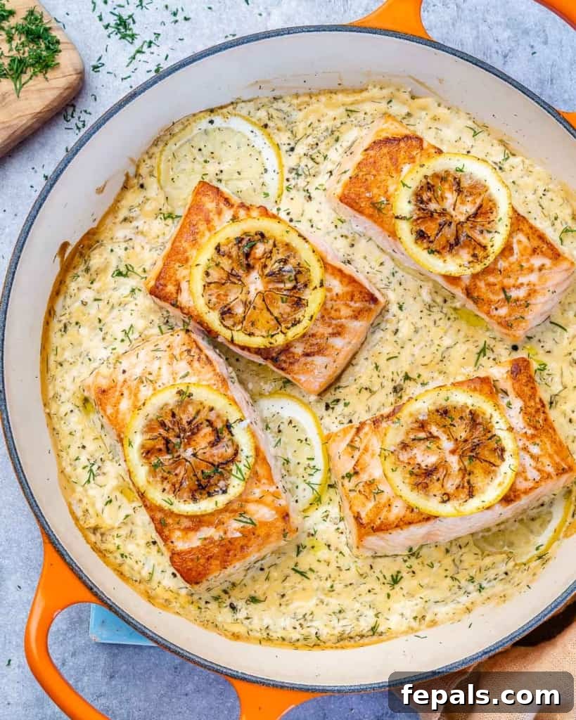 Silky Lemon Cream Salmon 2 top view salmon filets in a creamy lemon sauce