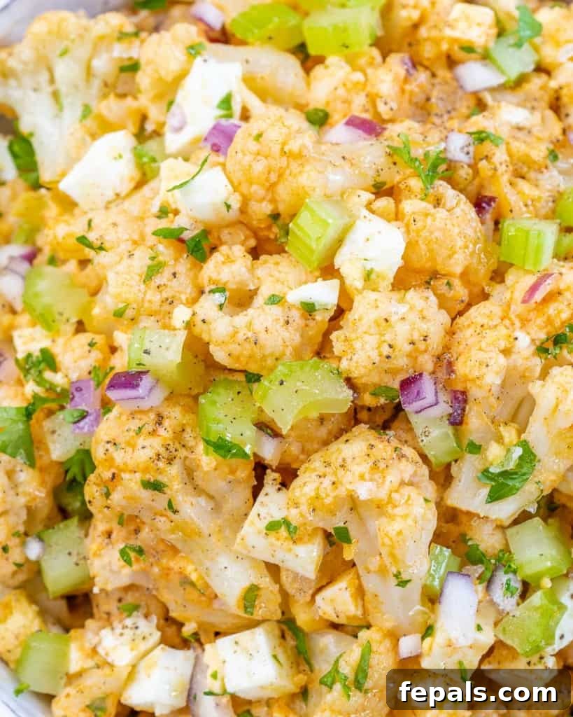 Cauliflower Mock Potato Salad 3 Close-up top view of keto cauliflower potato salad with hard-boiled eggs and fresh parsley, highlighting its delicious texture.