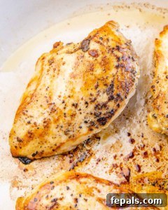 Cooked chicken breast on pan.