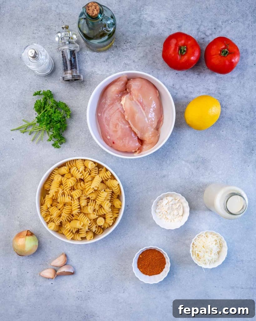 A vibrant flat lay showcasing all the fresh ingredients meticulously arranged for making the Cajun chicken pasta, highlighting a medley of spices, pasta, chicken, and fresh produce.