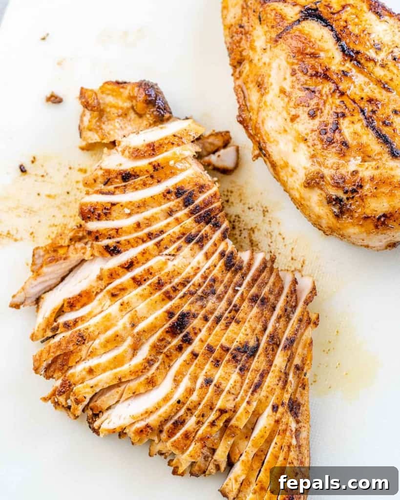 Close-up of perfectly cooked and sliced Cajun chicken breast, showcasing its crispy exterior and juicy interior, ready to be added to the creamy pasta.