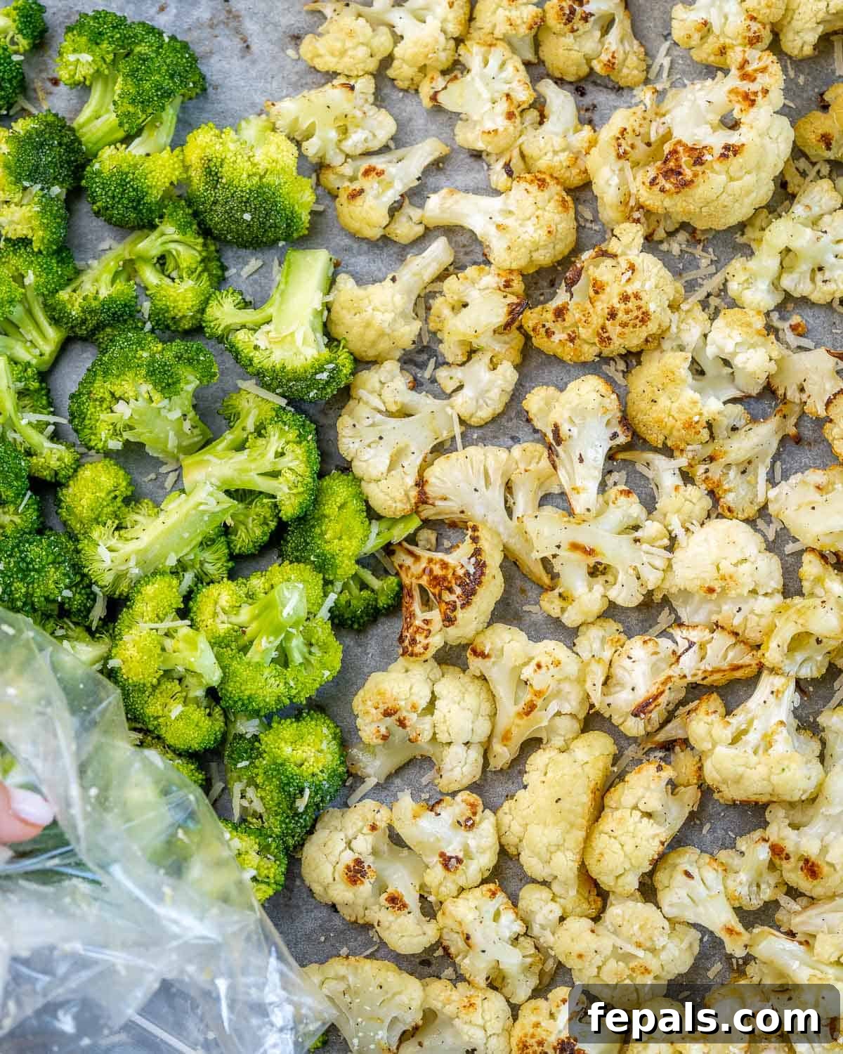 roasted broccoli and cauliflower florets separated on baking sheet, midway through cooking