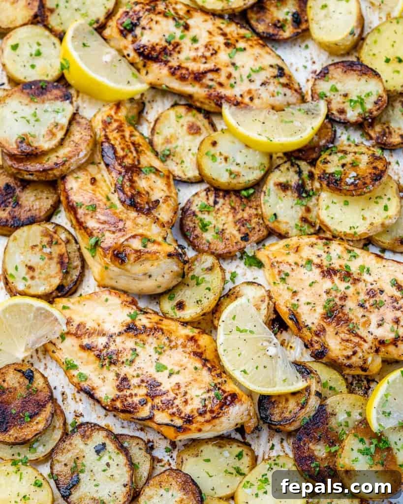 side shot of beautifully baked chicken breast with roasted potatoes on a sheet pan, ready to be served
