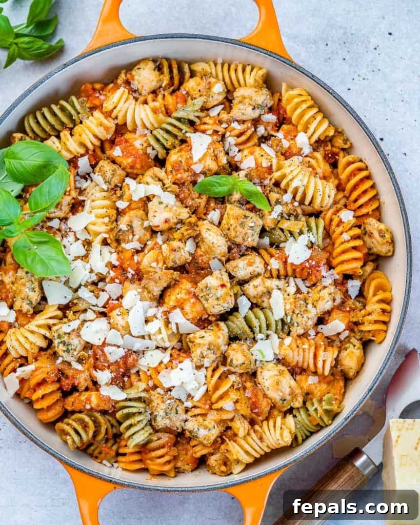 Comforting Chicken Parmesan Pasta 11 chicken pasta meal in an orange skillet