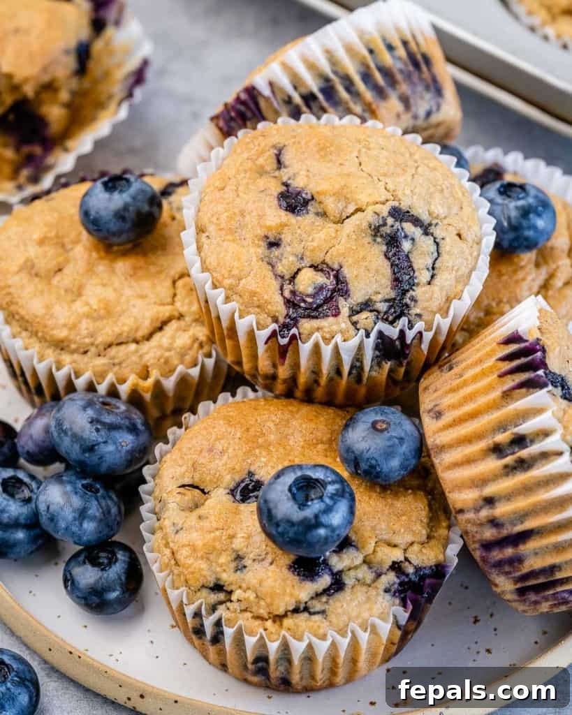 Side shot of a baked blueberry muffin on a plate with fresh blueberries, ready to be eaten.