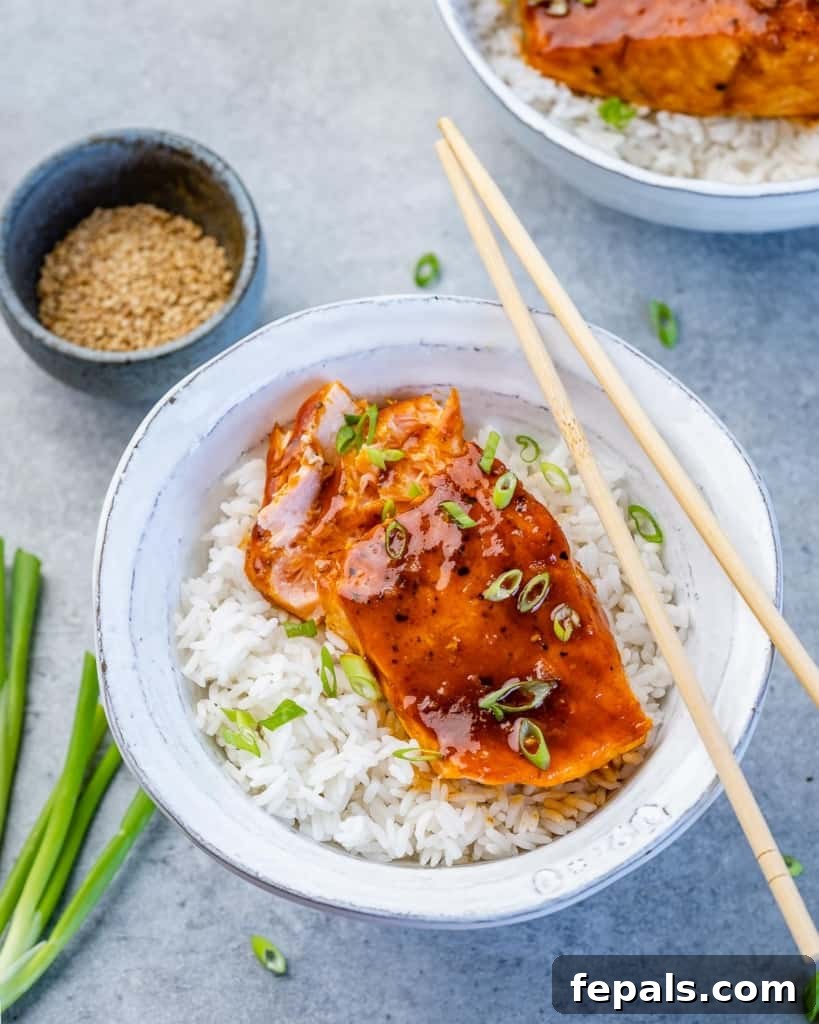 Sweet and Sticky Pan Seared Salmon 8 top view of honey salmon over a bowl of white rice