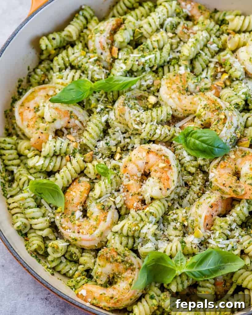 top view and side shot of shrimp pesto pasta 