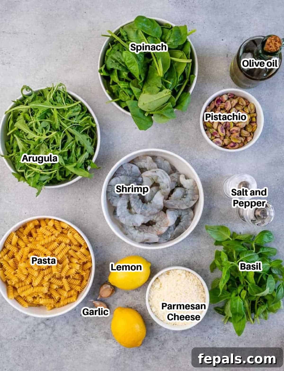 ingredients to make shrimp pesto pasta.